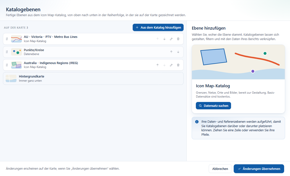 Die Ansicht „Katalogebenen“: links die Ebenen auf der Karte, rechts die Karte „Icon Map-Katalog“ mit „Datensatz suchen“