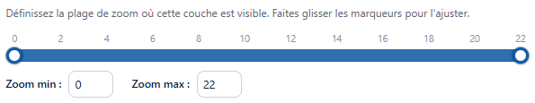 La plage de visibilité : une barre du zoom 0 au zoom 22 avec une poignée à chaque extrémité, et les zones Zoom min et Zoom max