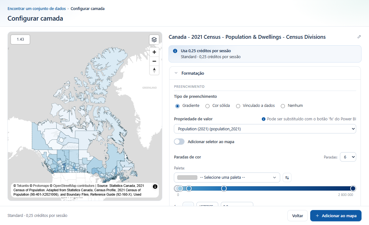 A tela Configurar camada: as divisões censitárias do Canadá visualizadas à esquerda com um preenchimento em gradiente, as configurações de Formatação à direita e Adicionar ao mapa no rodapé
