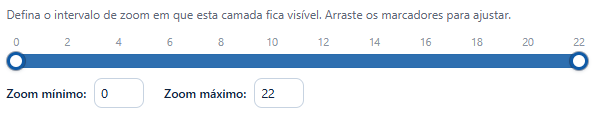 O intervalo de visibilidade: uma barra do zoom 0 ao 22 com uma alça em cada extremidade, e as caixas Zoom mínimo e Zoom máximo