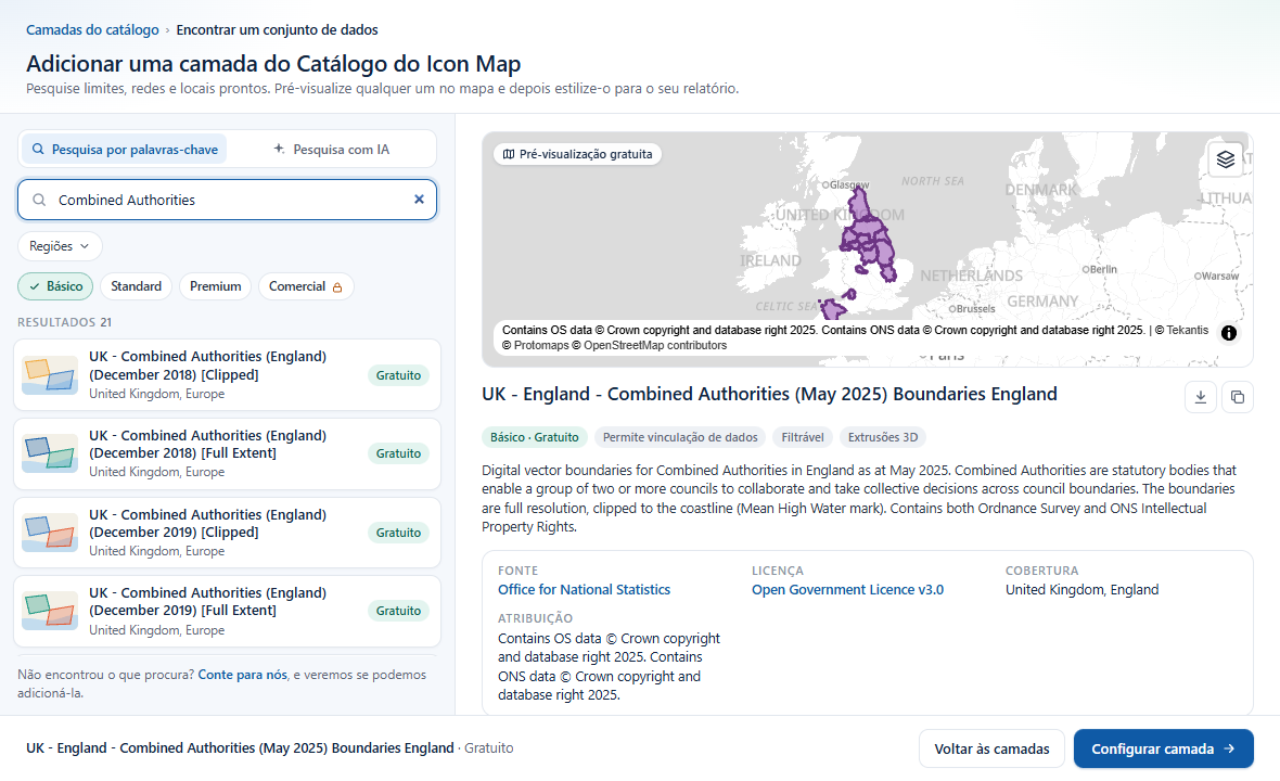 Pesquisa por palavras-chave de Combined Authorities: os resultados à esquerda e, à direita, o conjunto de dados selecionado visualizado no mapa com os detalhes dele