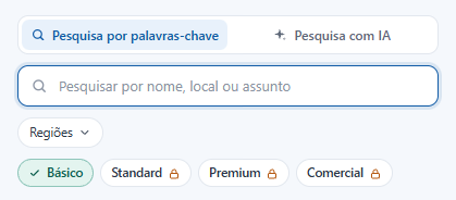 As opções de pesquisa: Pesquisa por palavras-chave e Pesquisa com IA, a caixa de pesquisa, Regiões e os botões de nível, com cadeados nos níveis que a sua licença não inclui