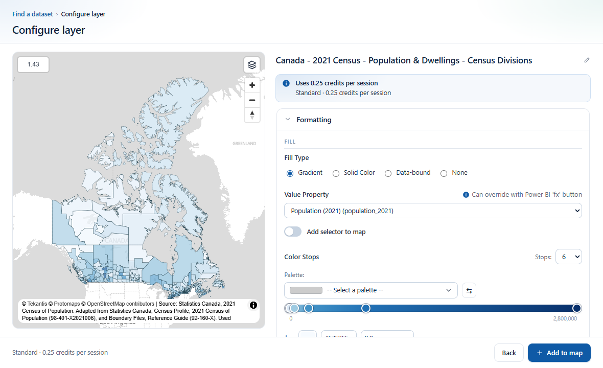 The Configure layer screen: Canada census divisions previewed on the left with a gradient fill, the Formatting settings on the right, and Add to map in the footer