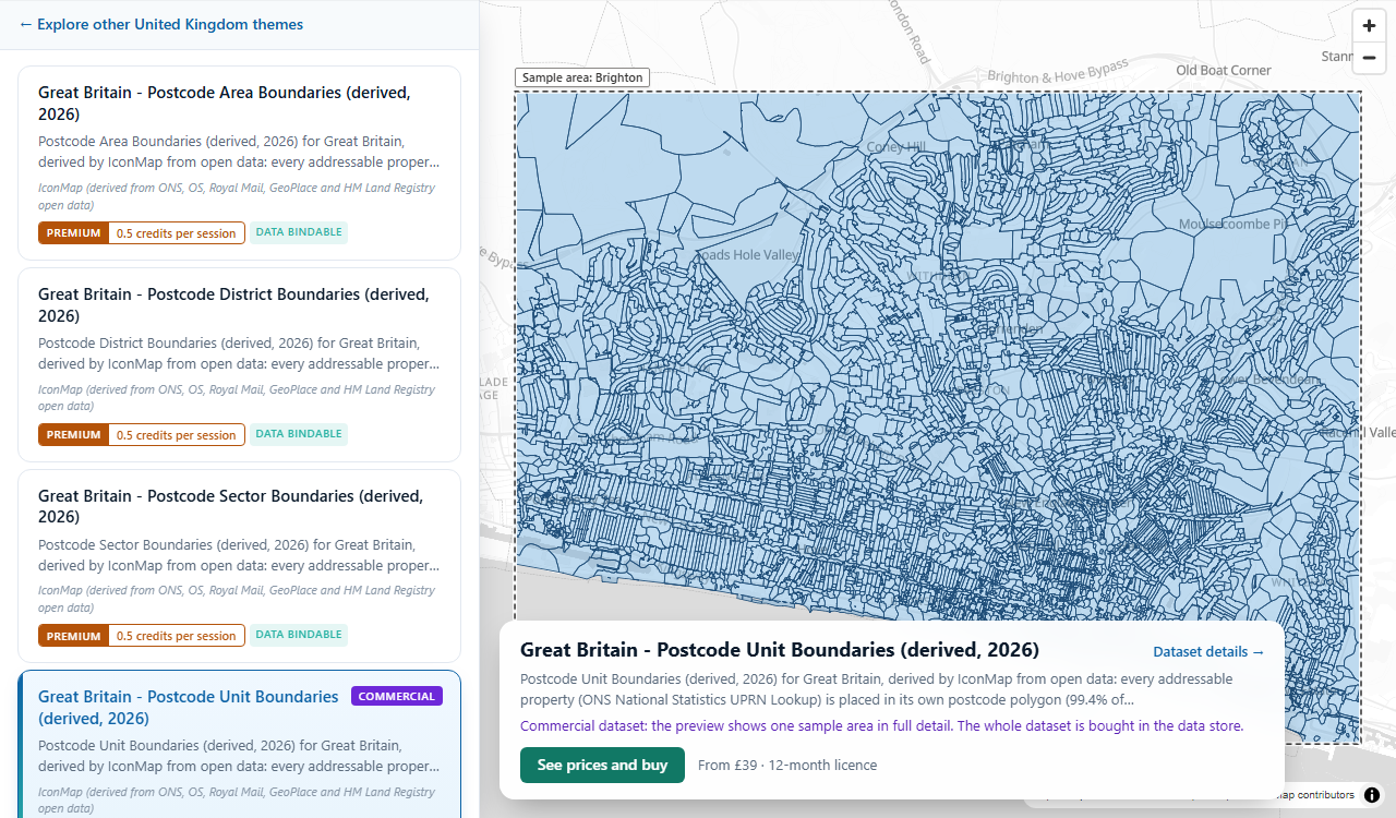 A commercial dataset selected on an Explore page: the map shows the Brighton sample area in full detail, and the panel shows See prices and buy with the starting price