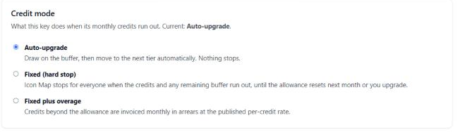 The Credit mode card on the amend page: Auto-upgrade selected, with Fixed (hard stop) and Fixed plus overage