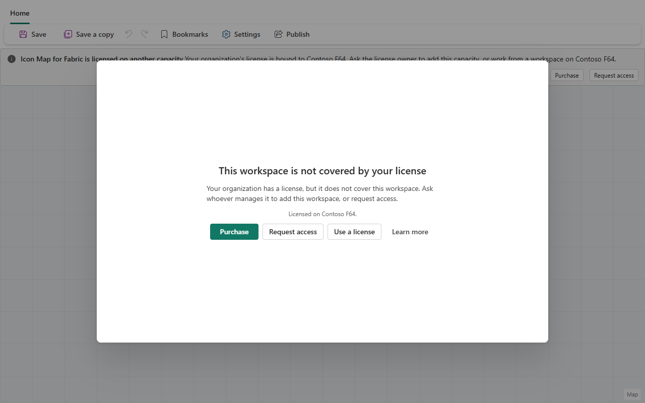 The "This workspace is not covered by your license" message, with "Licensed on Contoso F64", Purchase, Request access, Use a license and Learn more, and the "licensed on another capacity" bar above the map