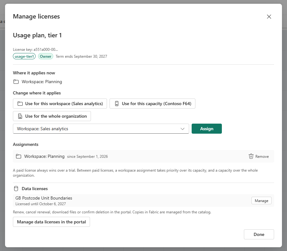 The Manage licenses dialog for a usage plan: the Owner badge and term end, Where it applies now with one workspace, Change where it applies with the current workspace preselected, the Assignments list and the priority note