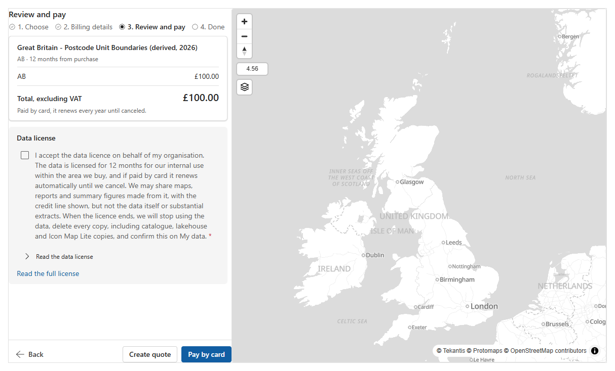 The data store pane on Review and pay: the order summary with the area, the term and the total excluding VAT, the data license checkbox, Create quote and Pay by card, beside the preview map