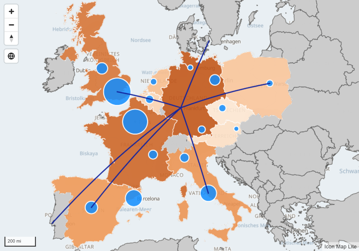 Eine Europakarte mit Ländern, die nach einem Measure eingefärbt sind, Kreisen an Städten und Linien dazwischen, alles aus einer einzigen Power BI-Tabelle