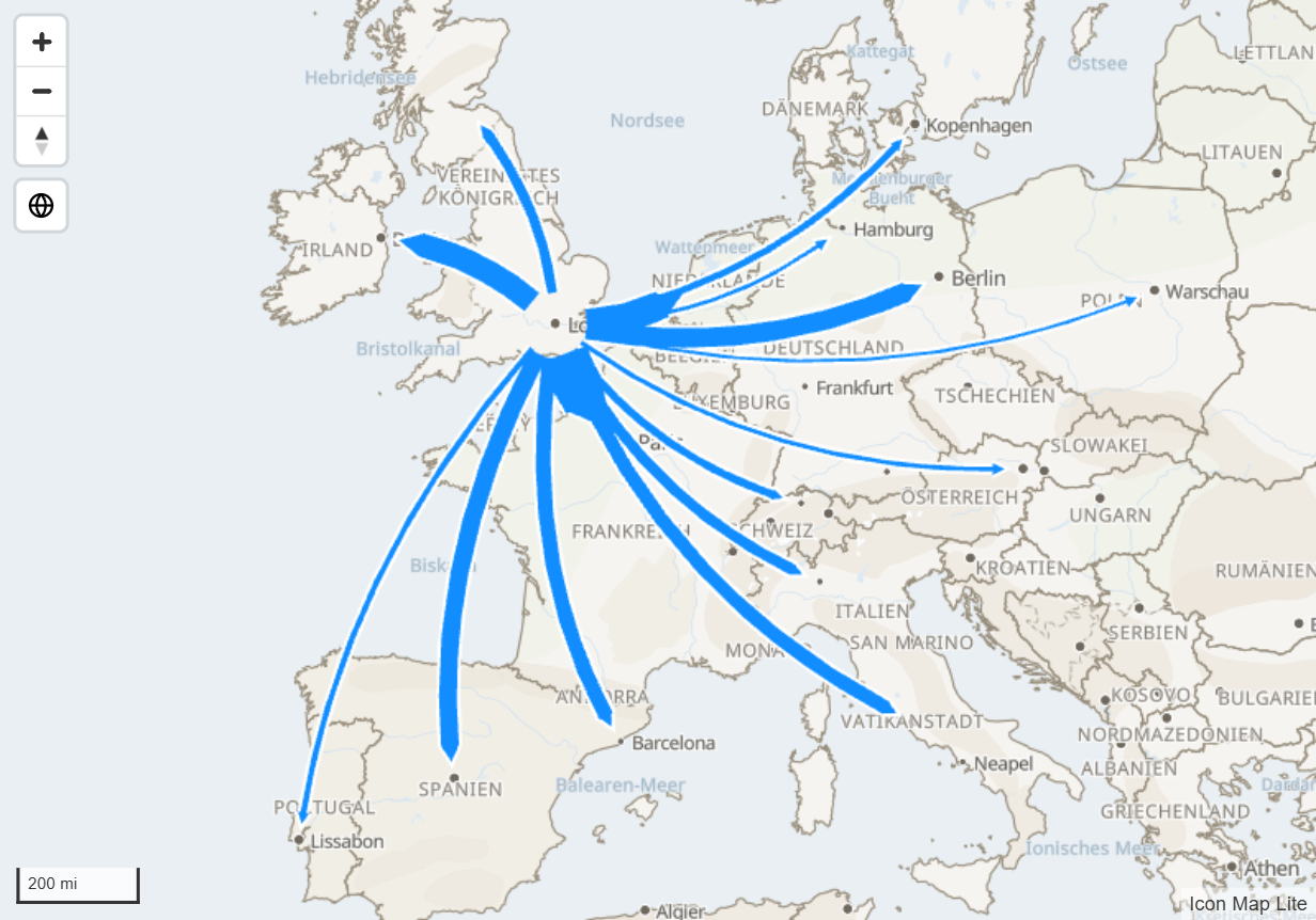 Gebogene Pfeile fächern sich von London zu Zielen in ganz Europa auf