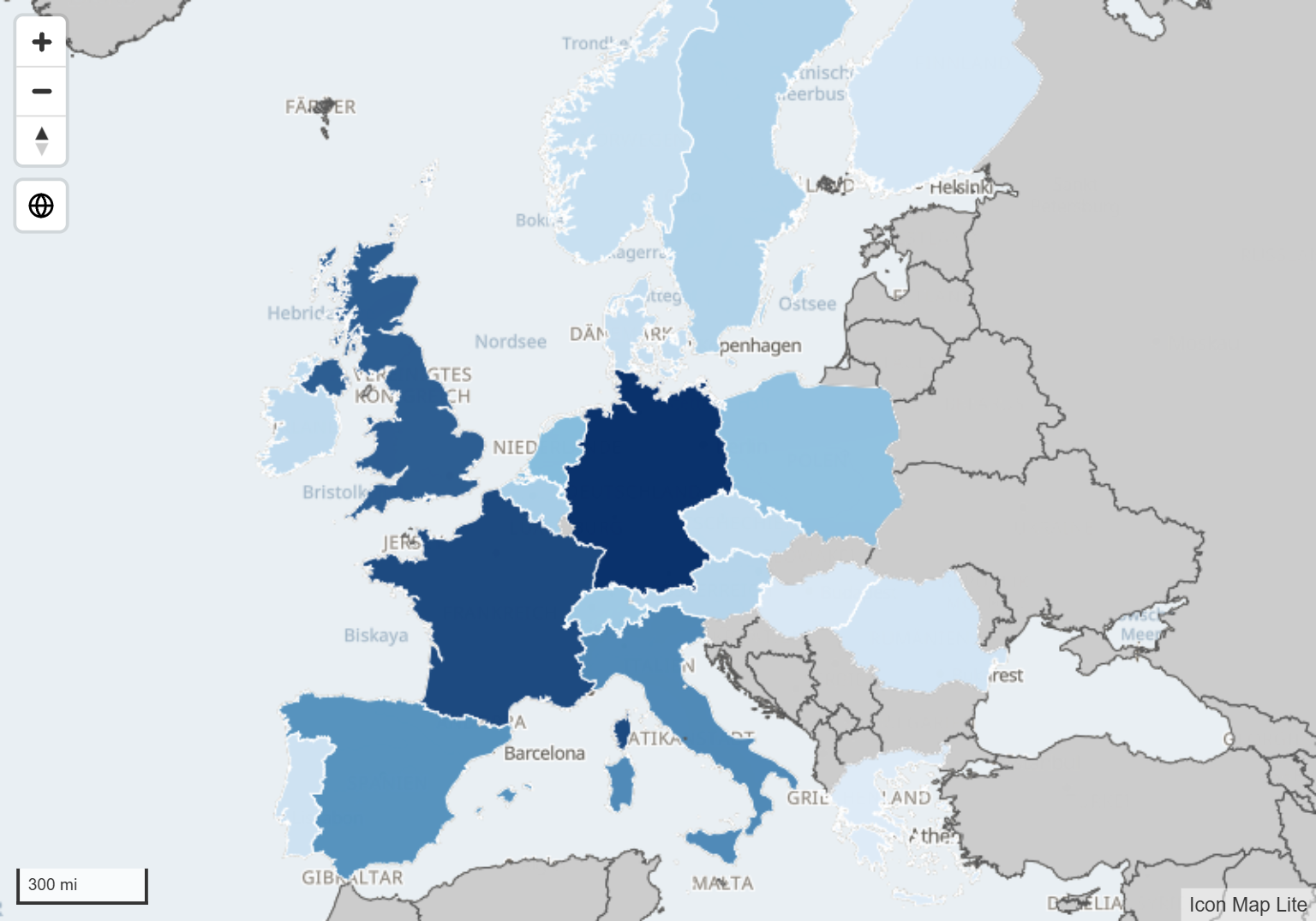 Die Länder Europas, nach einem Measure von hell- bis dunkelblau eingefärbt