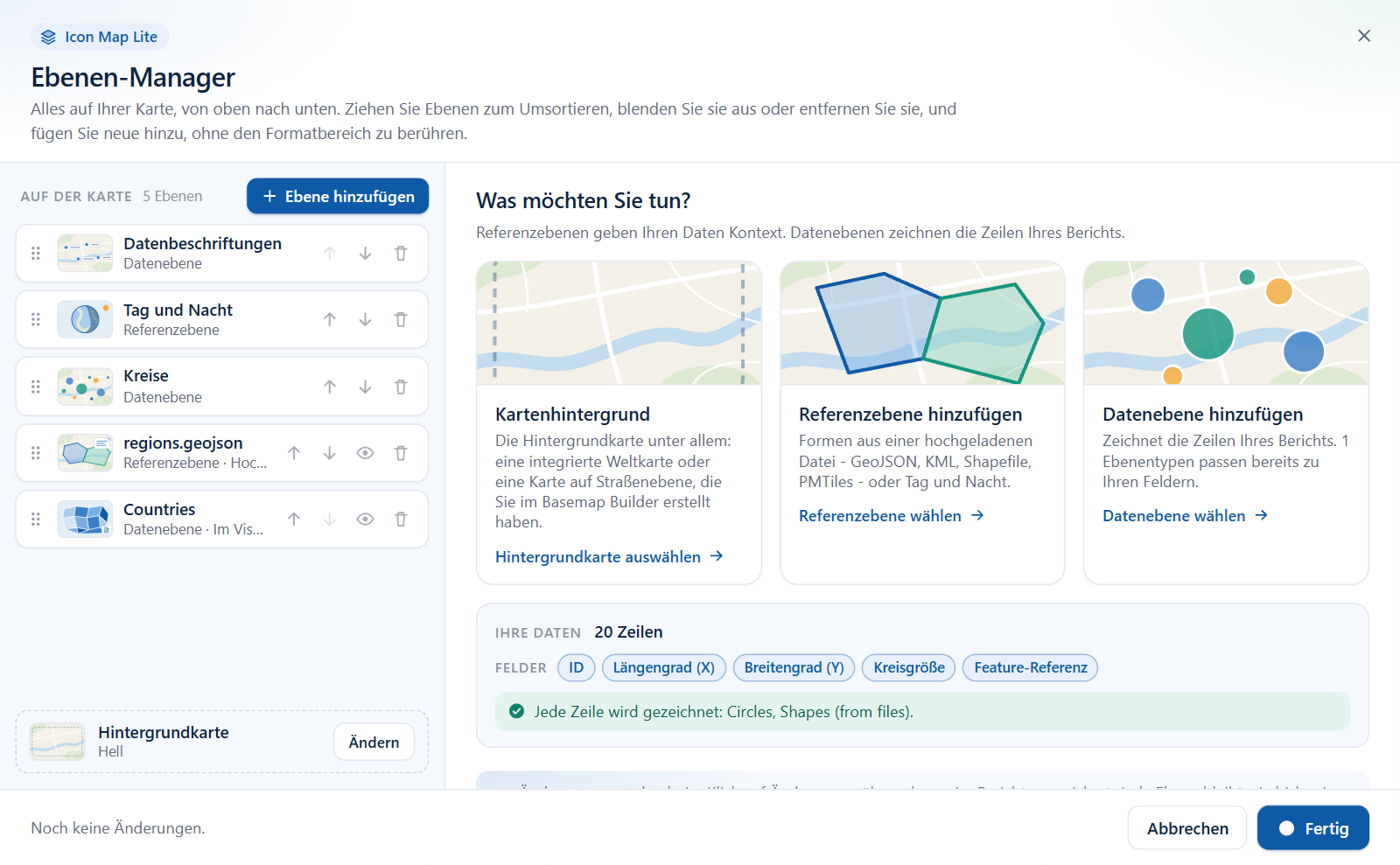 Der Ebenen-Manager von Icon Map Lite mit der Liste der Ebenen einer Karte und der Startansicht, die das Hinzufügen einer Referenzebene oder einer Datenebene anbietet