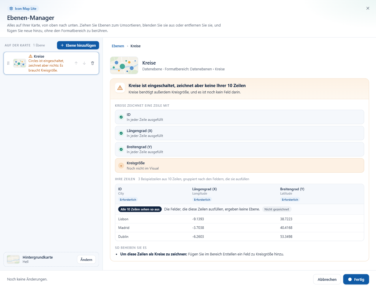 Der Ebenen-Manager von Icon Map Lite erklärt, warum eine Ebene keine Zeilen des Berichts zeichnet, mit Beispielzeilen und einem Lösungsvorschlag