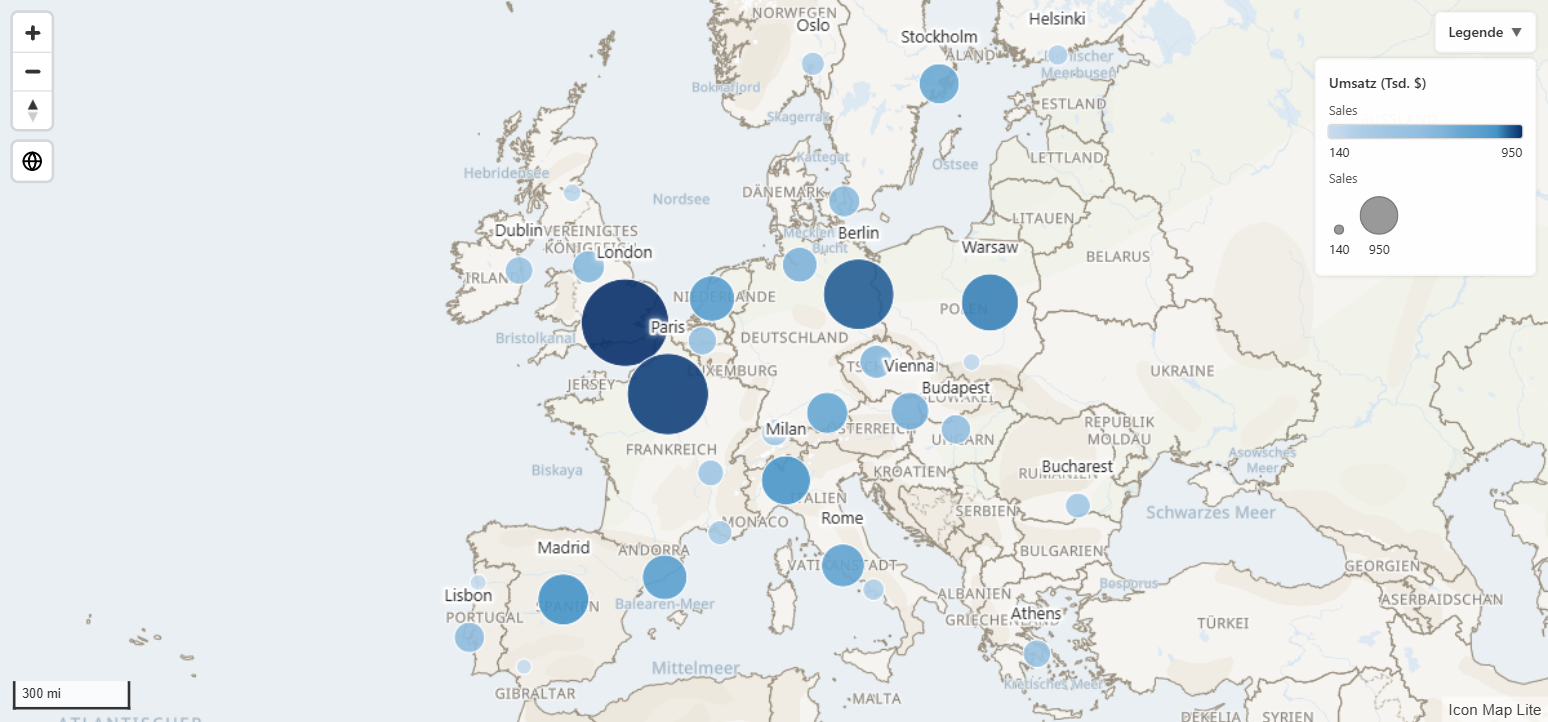 Eine Icon Map Lite-Karte von Europa mit Kreisen, deren Größe und Farbe dem Umsatz entsprechen, Städtebeschriftungen und einer Legende über der integrierten Weltkarte
