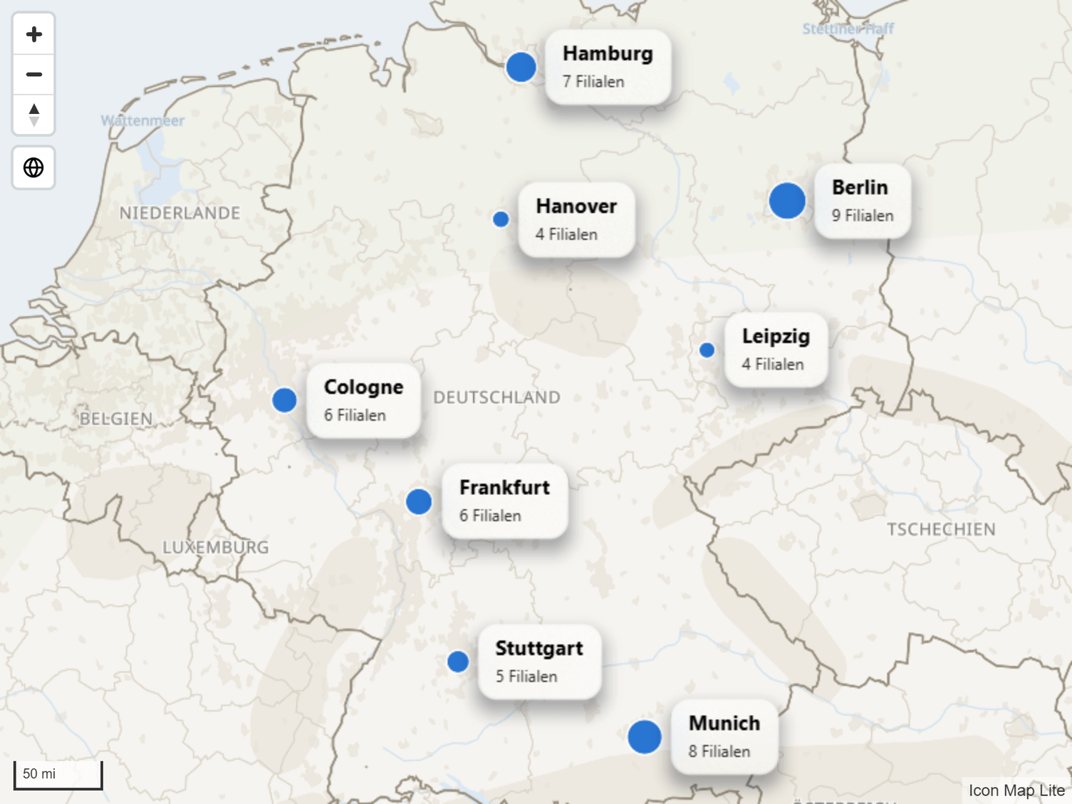 Beschriftungen als helle, mattierte Karten, die die Karte dahinter weichzeichnen