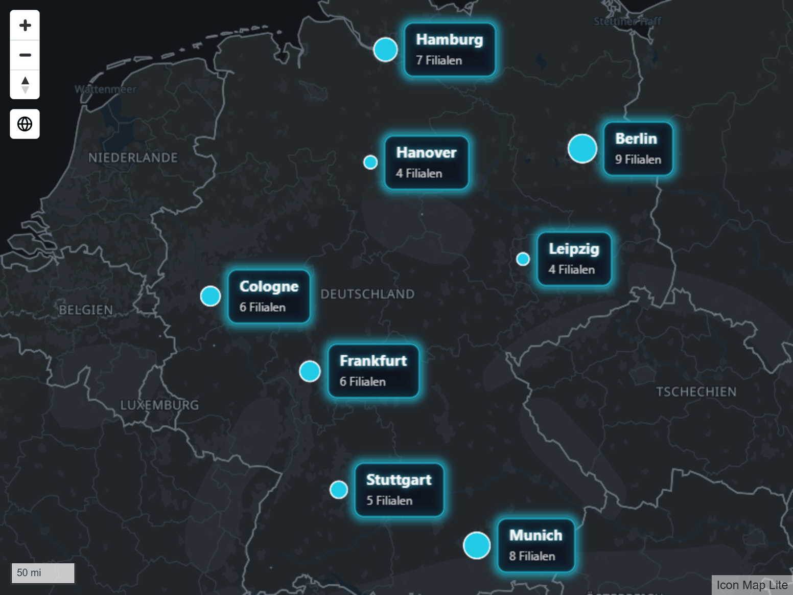 Beschriftungen als dunkle Karten mit hellem Leuchten