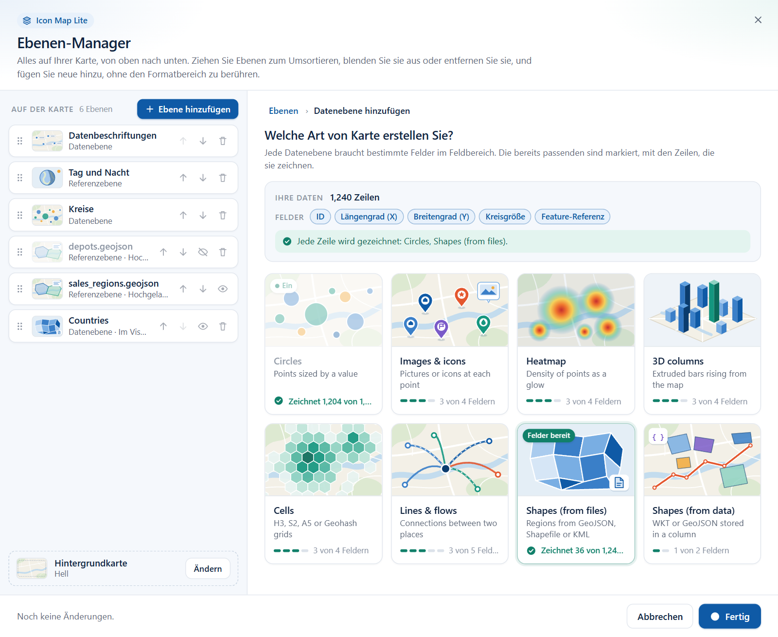 Die Auswahl der Datenebenen im Ebenen-Manager, mit dem Bereich Ihre Daten über einer Kachel für jeden Datenebenentyp