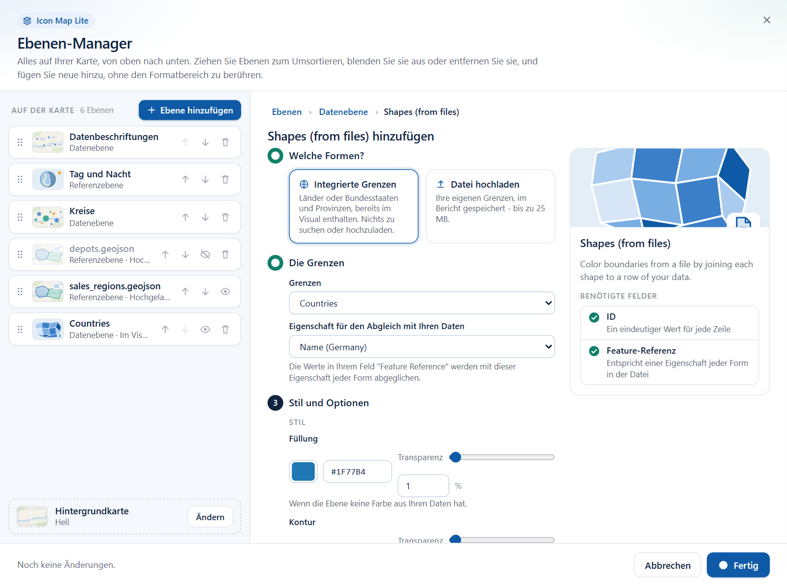 Der Assistent für Formen (aus Dateien) mit gewählten integrierten Grenzen, dem Dropdown Grenzen und dem Dropdown Eigenschaft für den Abgleich mit Ihren Daten mit Beispielwerten