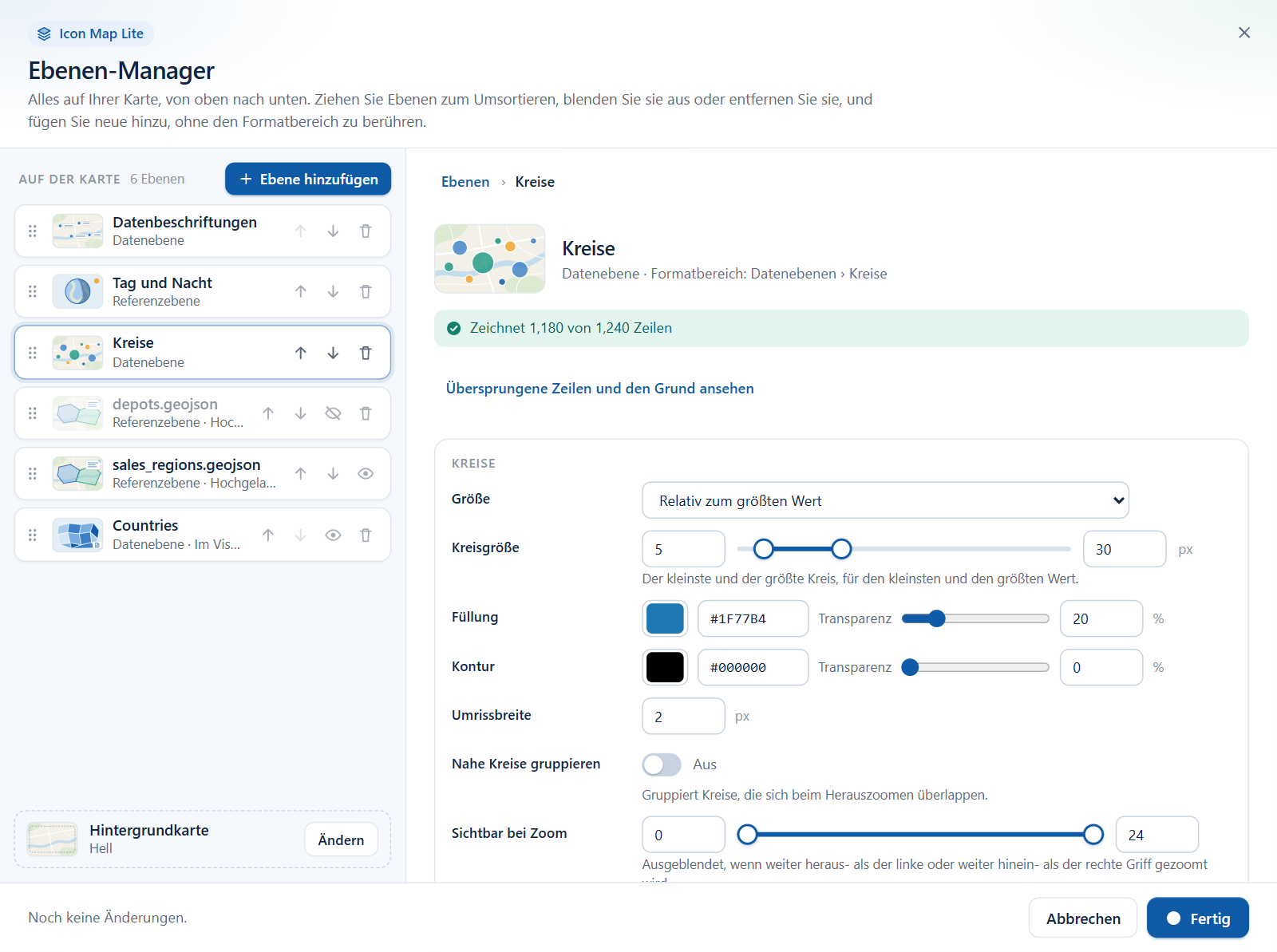 Der Editor für eine Ebene Kreise, mit Feldern für Größe, Füllung, Kontur, Clustering und Zoom