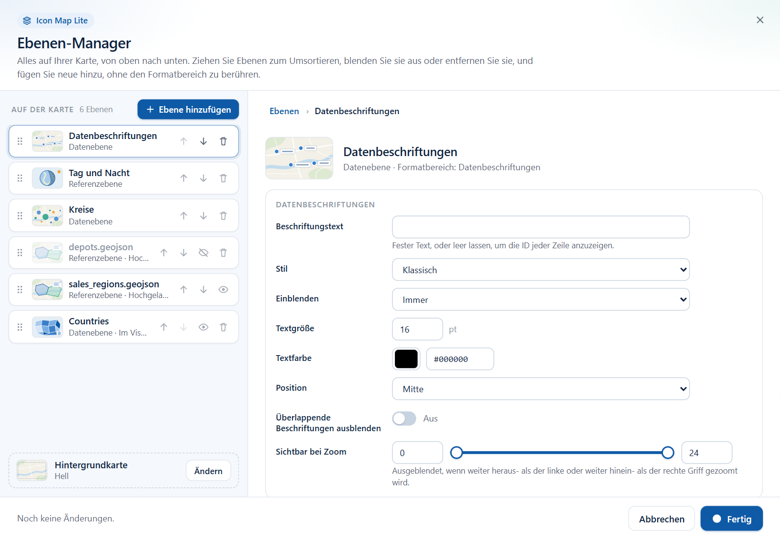 Der Editor für Datenbeschriftungen, mit Feldern für Beschriftungstext, Stil, Anzeigezeitpunkt, Größe, Farbe, Position und Zoom