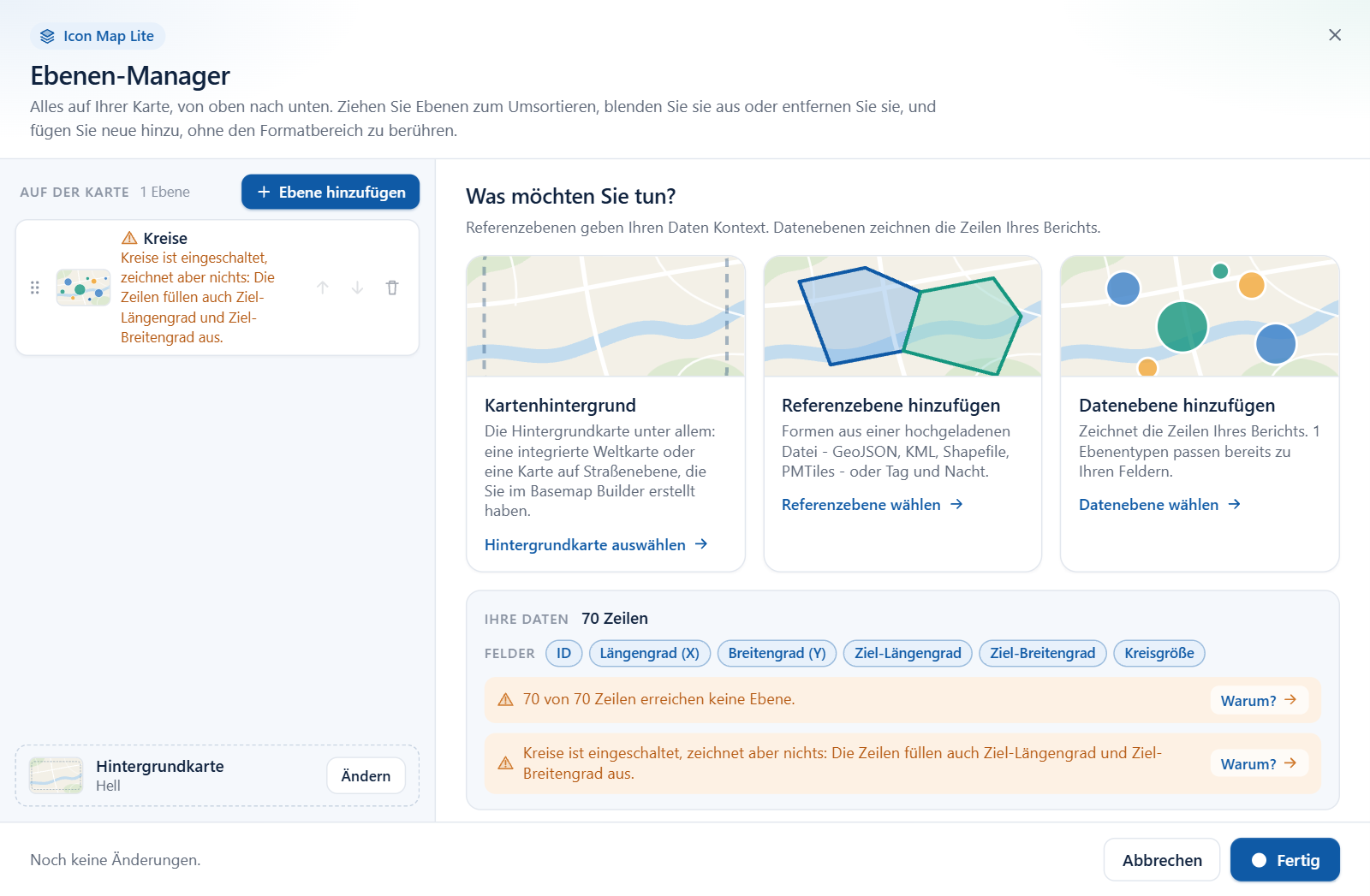 Die Liste des Ebenen-Managers mit einem Warnsymbol an einer Datenebene, die eingeschaltet ist, aber nichts zeichnet, und der zugehörigen Zeile im Bereich Ihre Daten