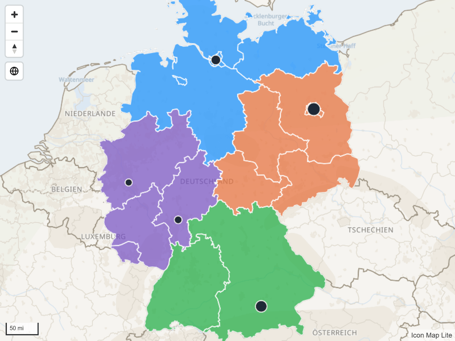 Eine Dateiebene mit Polygonen, die nach einer Kategorieeigenschaft eingefärbt sind, eine Farbe pro Regionstyp