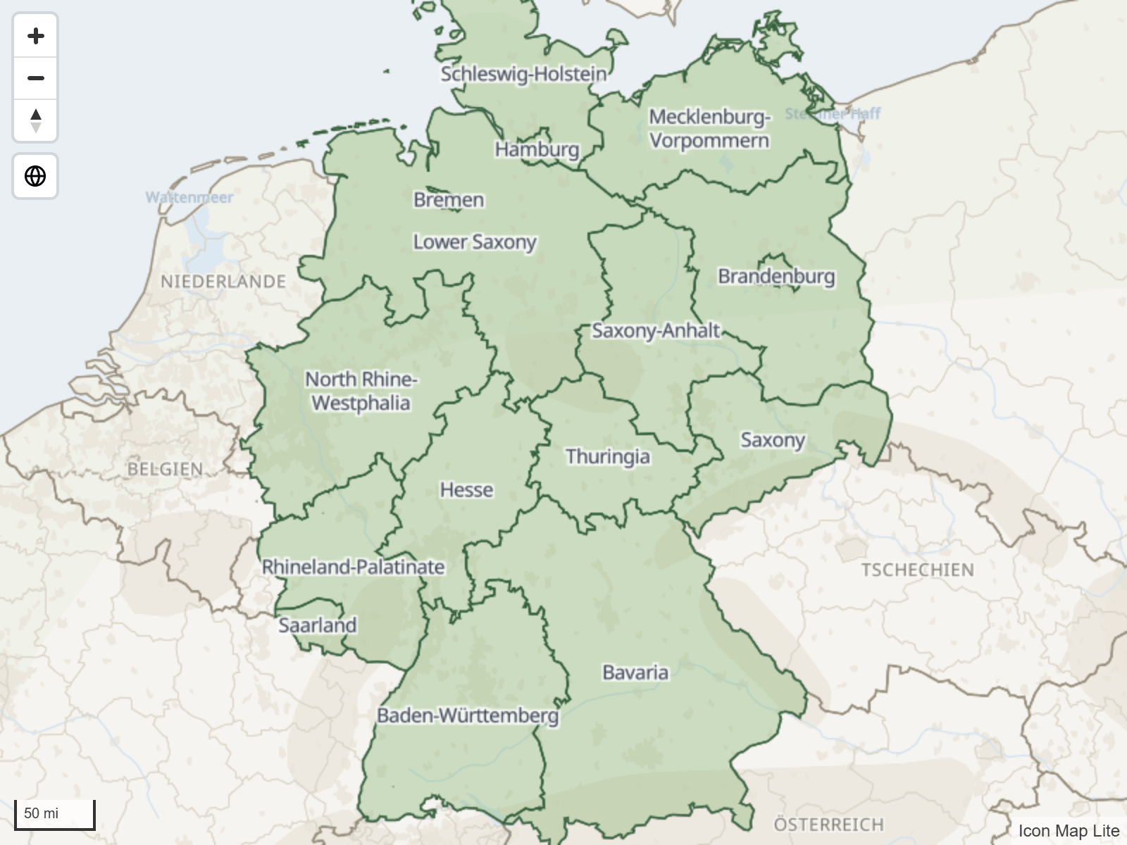 Regionsgrenzen aus einer hochgeladenen Datei, jede mit ihrem Namen in dunklem Text mit weißem Halo beschriftet