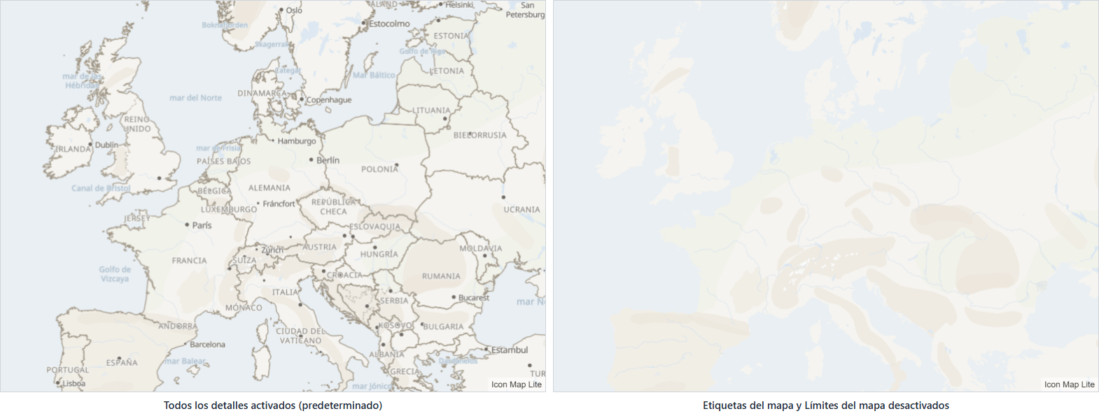 El tema Claro sobre Europa con los nombres y las fronteras de los países activados, y la misma vista con solo la tierra y el mar