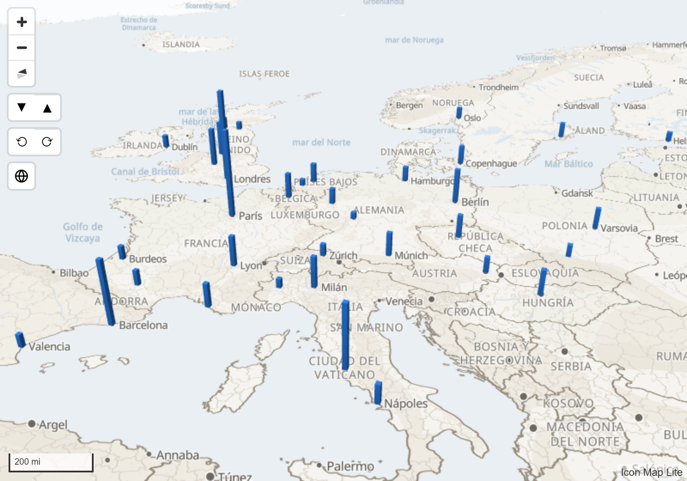 Un mapa inclinado y girado de columnas 3D sobre el mapa del mundo integrado