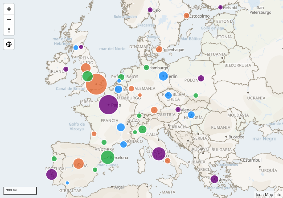 Círculos de distintos tamaños y colores en ciudades de toda Europa