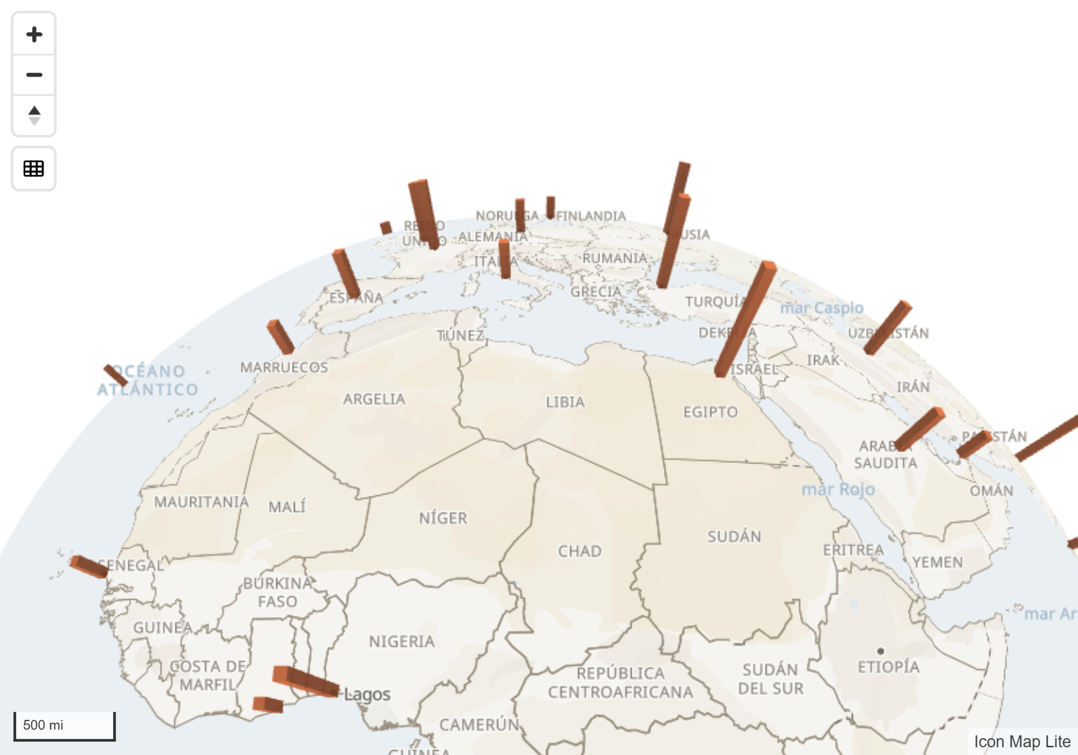 Columnas altas que se elevan desde el globo, vistas con inclinación