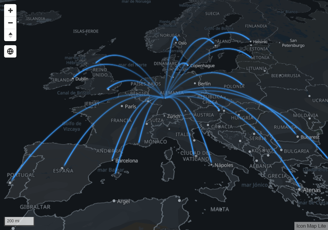 Arcos brillantes que se elevan sobre un mapa inclinado entre un centro y sus destinos