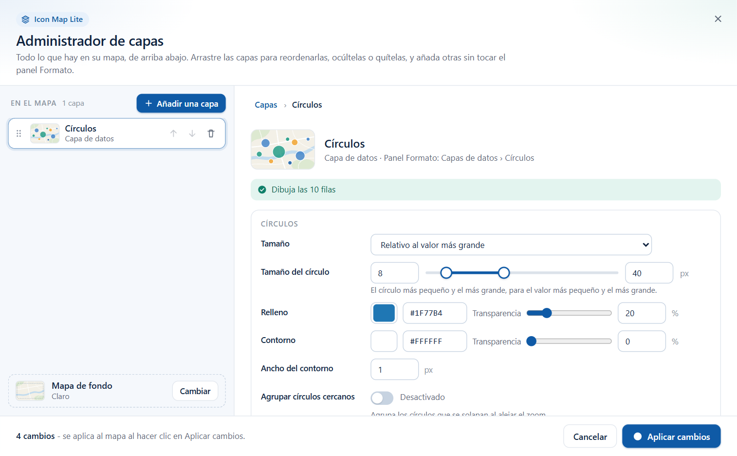 El Administrador de capas de Icon Map Lite con el editor de Círculos abierto, que muestra sus ajustes de tamaño y contorno