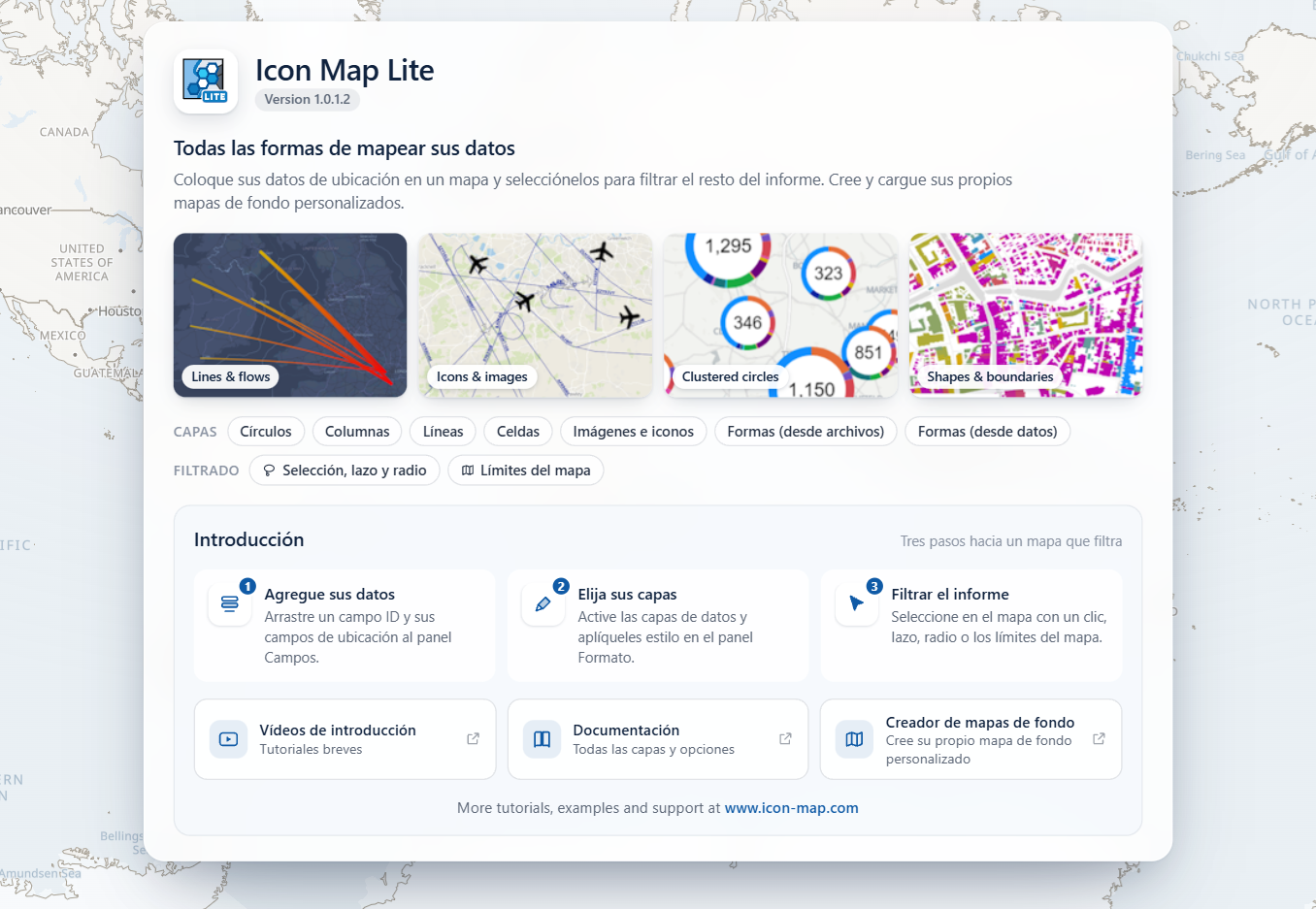 La página de inicio de Icon Map Lite en un objeto visual vacío
