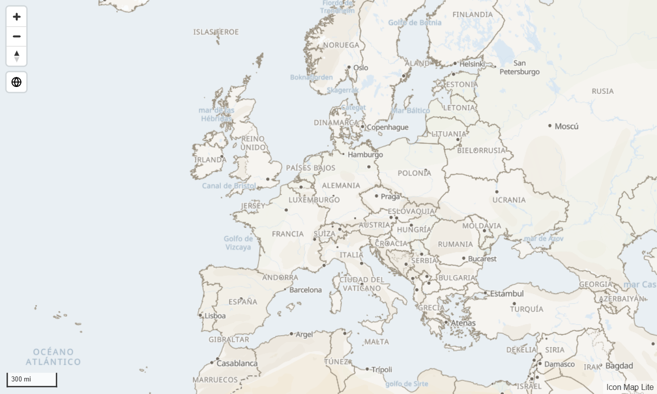 El tema integrado Claro sobre Europa en el nivel de zoom 3, su nivel más detallado, con fronteras de países y etiquetas de países, algunas ciudades y mares