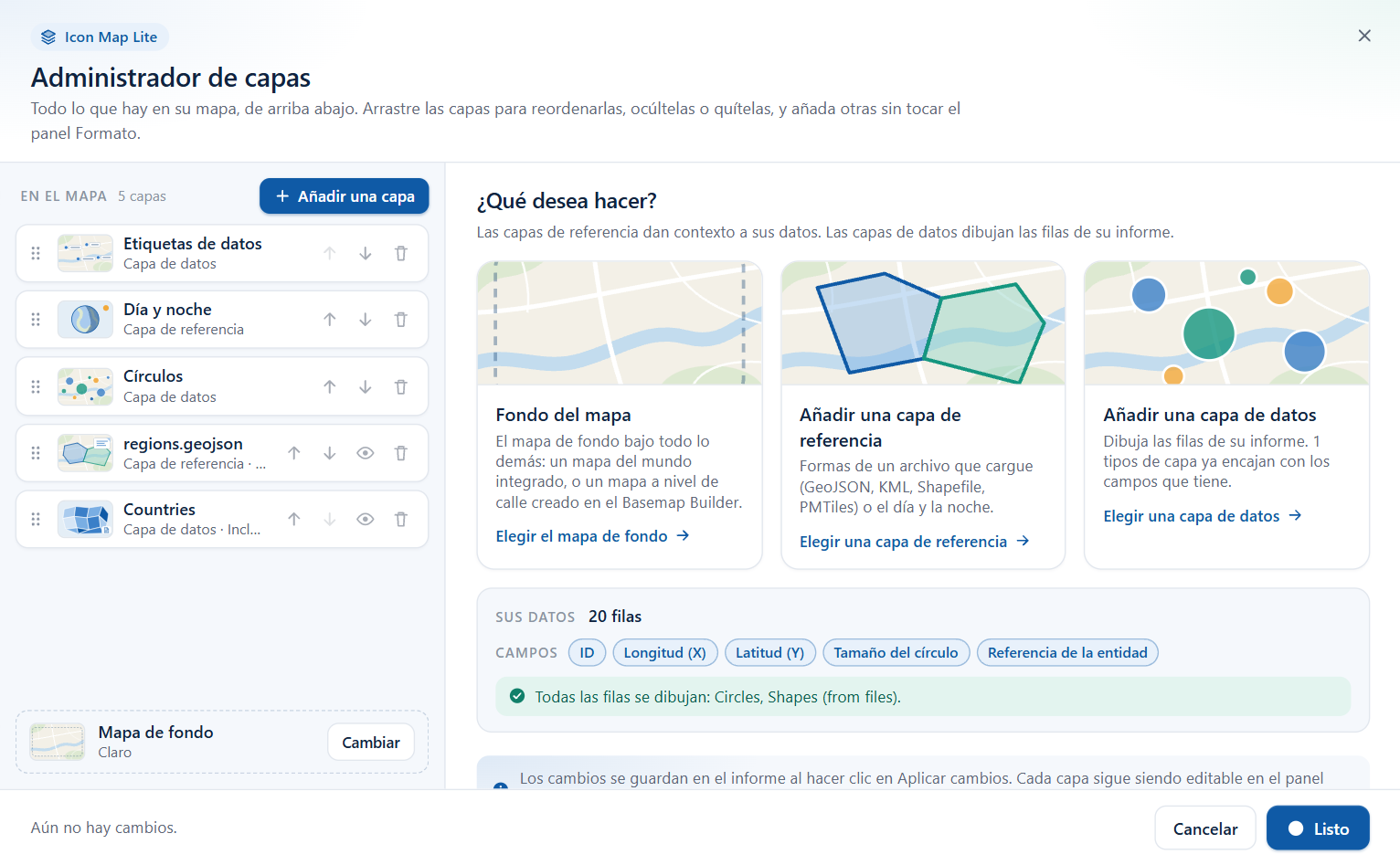 El Administrador de capas de Icon Map Lite con la lista de capas a la izquierda y la vista de inicio a la derecha