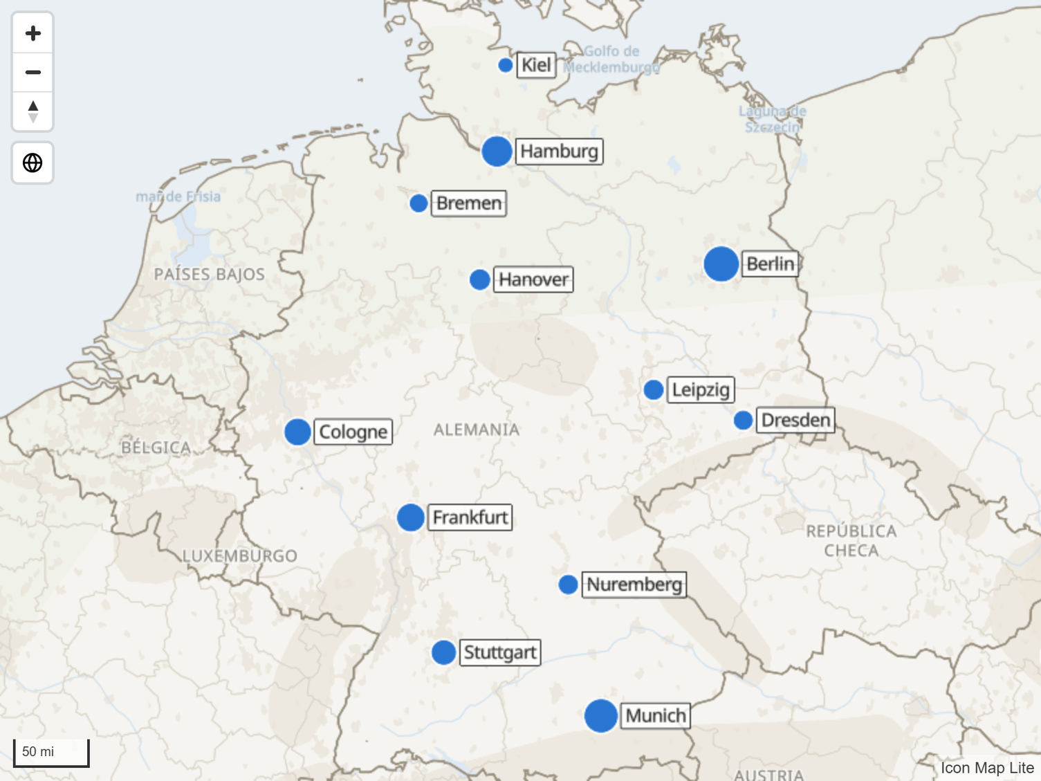 Círculos en un mapa, cada uno con una etiqueta de texto sobre un contenedor blanco a su lado
