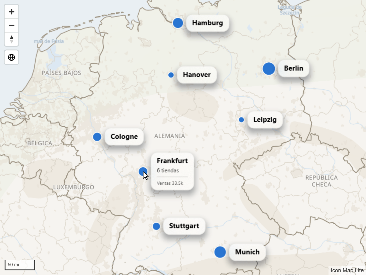 Un mapa en el que solo el círculo que está bajo el puntero del ratón muestra su tarjeta completa y los demás círculos muestran solo un título