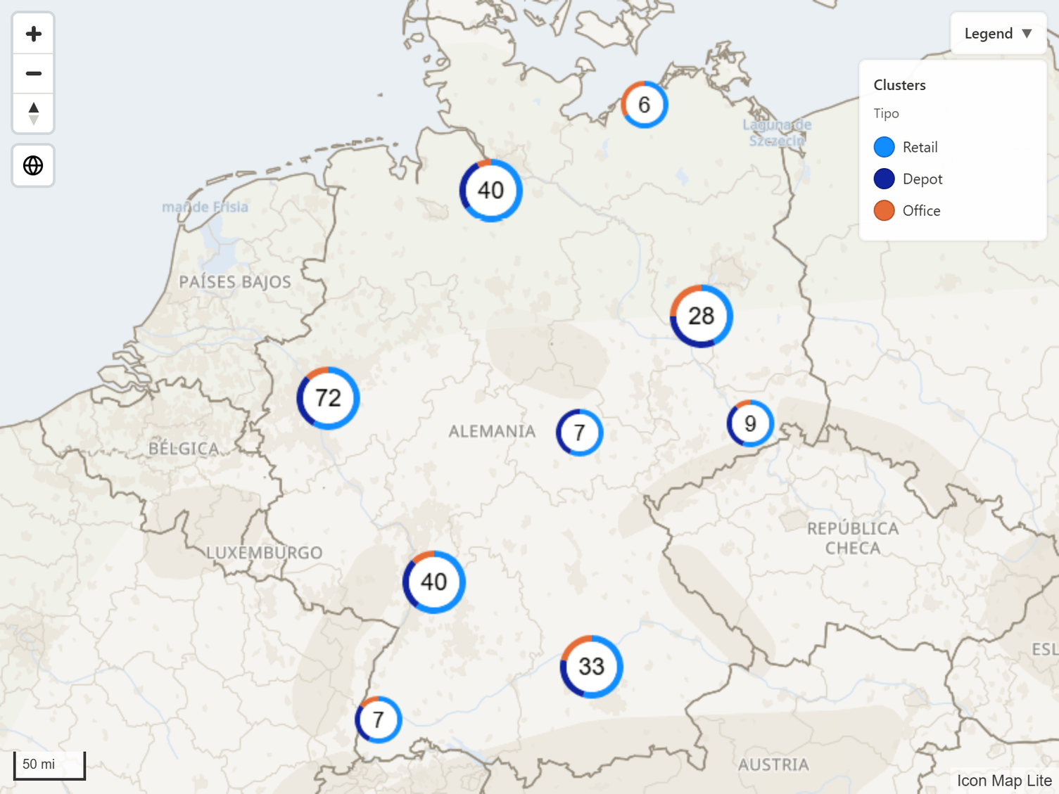 Un mapa de círculos agrupados en clústeres con un panel de leyenda en la esquina superior derecha que enumera cada categoría con su color