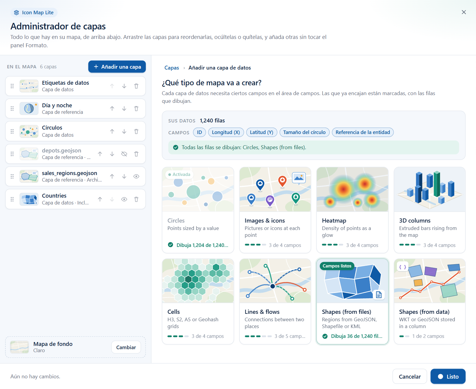 El selector de capas de datos del Administrador de capas, con el panel Sus datos encima de un mosaico para cada tipo de capa de datos