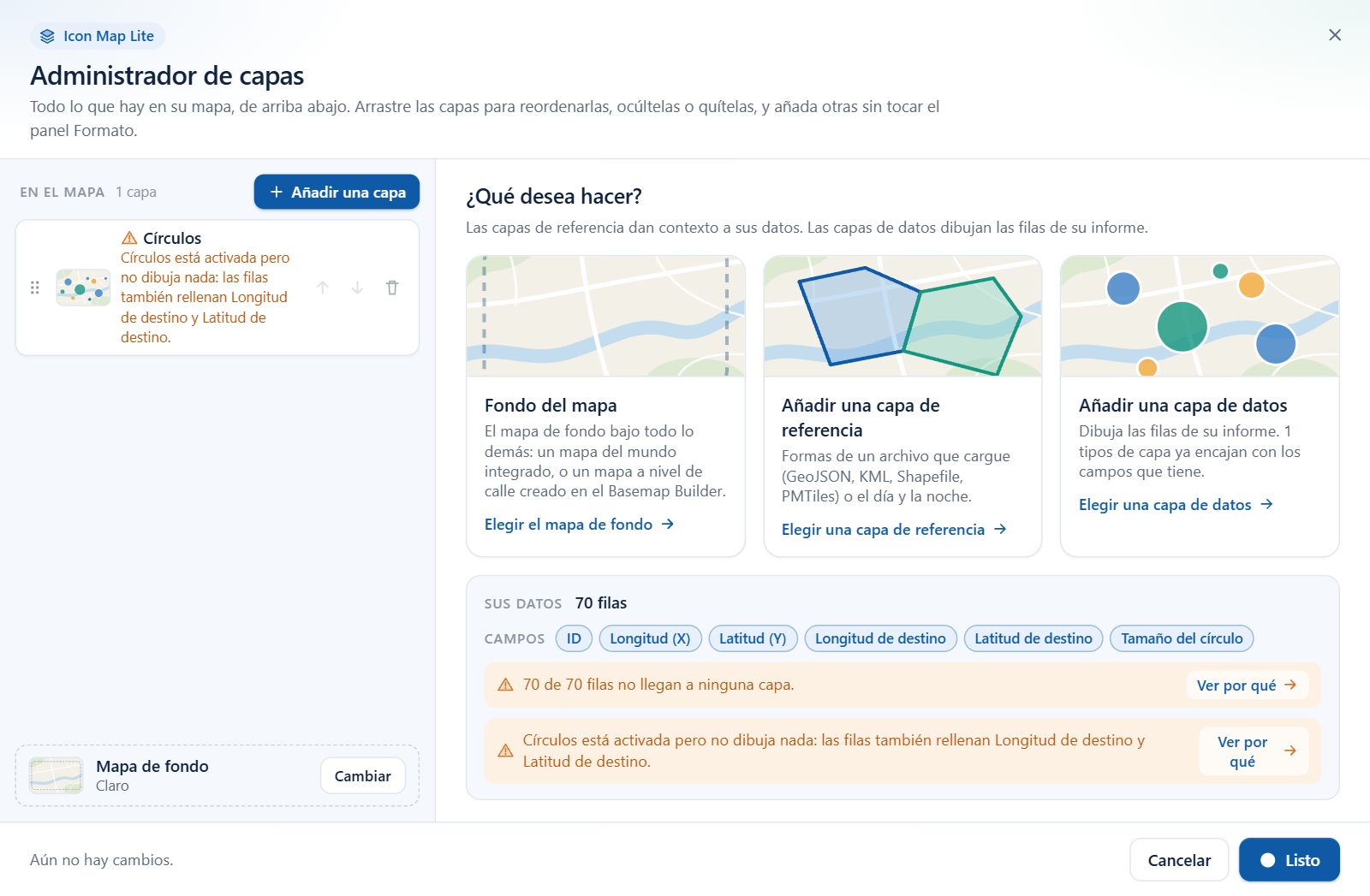 La lista del Administrador de capas con un icono de advertencia en una capa de datos que está activada pero no dibuja nada, y la línea correspondiente en el panel Sus datos