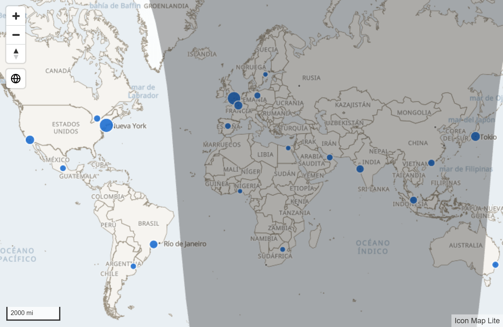 Un mapa del mundo con el lado nocturno sombreado en oscuro y círculos de los datos del informe a ambos lados de la línea