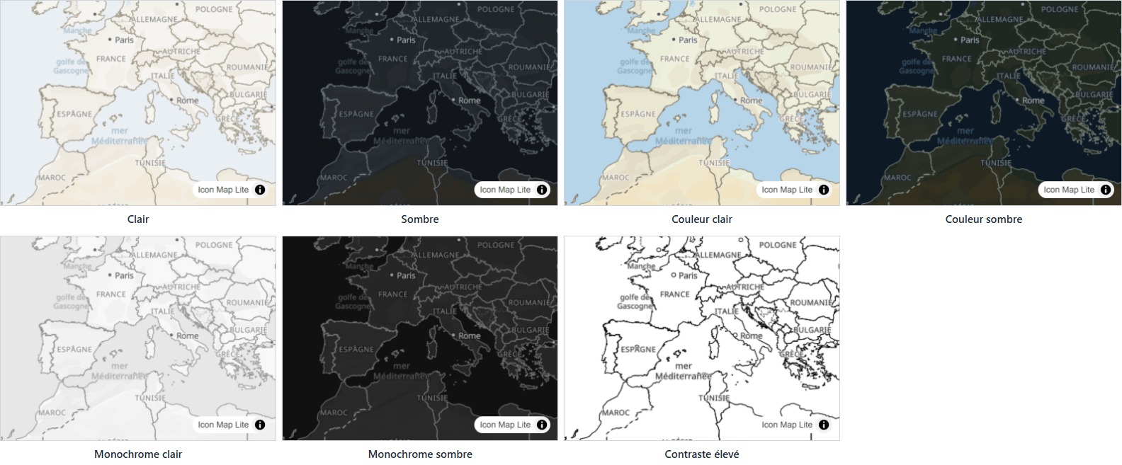 La même carte du monde dans les sept thèmes intégrés : Clair, Sombre, Couleur clair, Couleur sombre, Monochrome clair, Monochrome sombre et Contraste élevé
