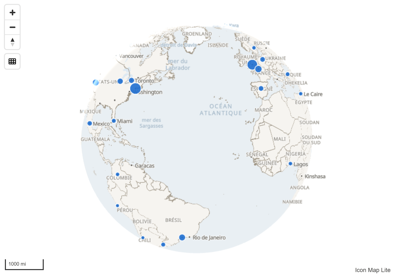 Une carte en projection globe avec des points de données sur plusieurs continents