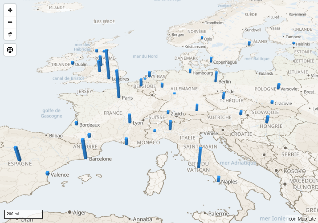 Des colonnes de hauteurs différentes qui s'élèvent d'une carte inclinée de l'Europe