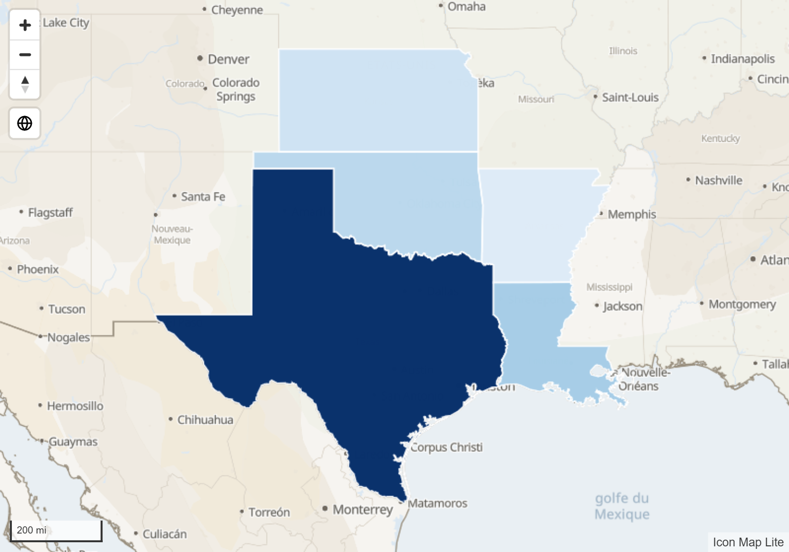 Les États des États-Unis colorés selon une mesure, les autres États et provinces masqués