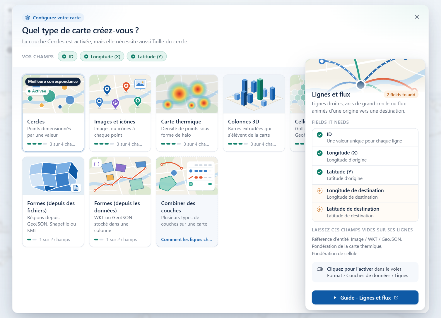 Une vignette du guide des couches développée pour montrer les champs dont la couche Lignes a besoin et les champs à laisser vides