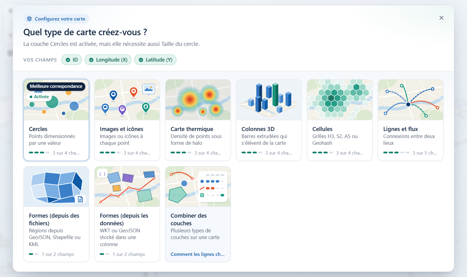 Le guide des couches sur la carte, intitulé Quel type de carte créez-vous, avec une vignette pour chaque type de couche