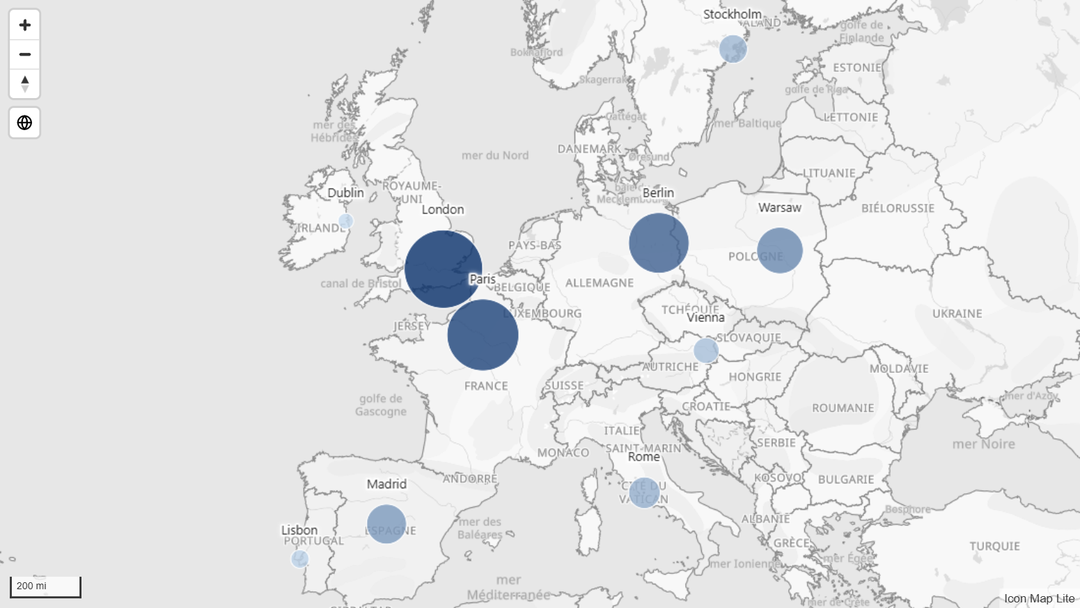 La carte terminée : dix capitales européennes dessinées sous forme de cercles dimensionnés et colorés selon les ventes, chacun étiqueté avec le nom de sa ville, sur le fond de carte Monochrome clair