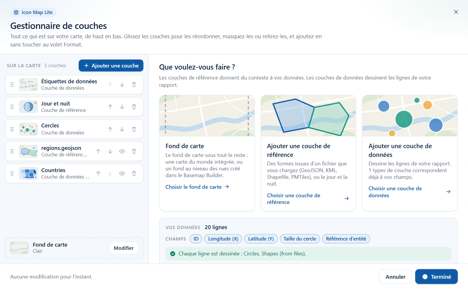 Le Gestionnaire de couches d'Icon Map Lite listant les couches d'une carte, avec la vue d'accueil qui propose d'ajouter une couche de référence ou une couche de données